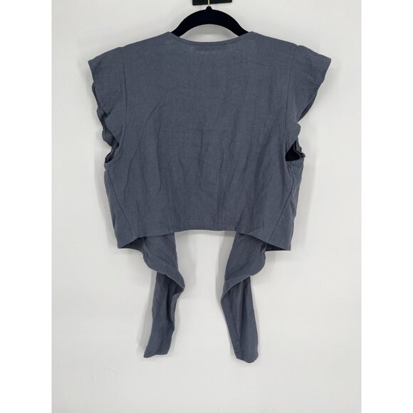 Abercrombie & Fitch Linen Blend Tie Front Crop Top S Blue - Picture 5 of 5